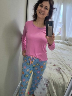 Pijama longo Suede Blusa Rosa e Calça c Flores - LuaBella Pijameria