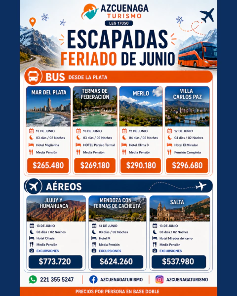 Bus desde La Plata y Aereo - Feriado de Junio - comprar online