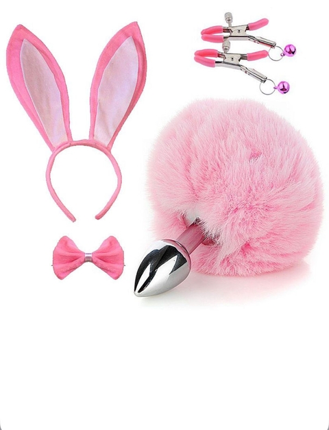 Kit - Rabo de Coelho com Tiara de Orelhas - Grampos para os seios em Metal e Laço