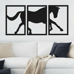 Cuadro Triptico Caballo Negro Mdf Calado - comprar online