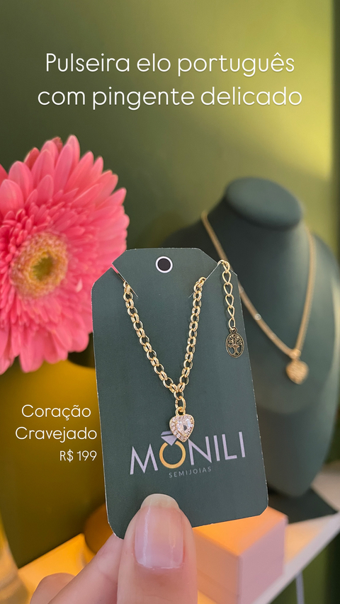 Pulseira Elo Português com Pingente Delicado Coração de Zircônia Branca: Um Toque de Elegância! - comprar online