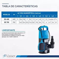 Bomba Sumergible Vasser DE 400 PS – 0.5 HP, 5 m, 9.000 l/h | Ideal para desagote de aguas sucias - tienda online