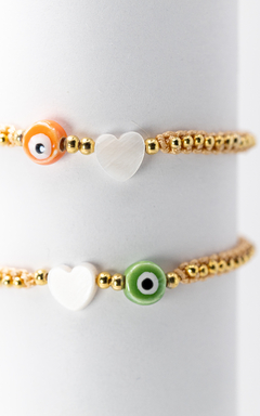 Pulsera de hilo y ojo turco con corazón de concha blanca - comprar en línea