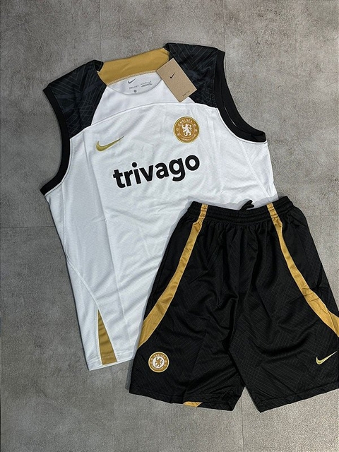 Conjunto Regata + Shorts Chelsea Branco/Dourado