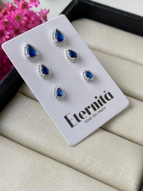 Trio Brinco Prata 925 Gota Cravejada - 6355