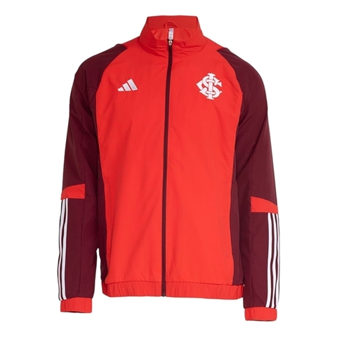 Jaqueta corta-vento masculina Adidas nas cores vermelha e vinho, com logo e detalhes em branco.
