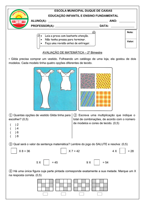 Avaliação de Matemática | Multiplicação e Divisão | 4º e 5º ano