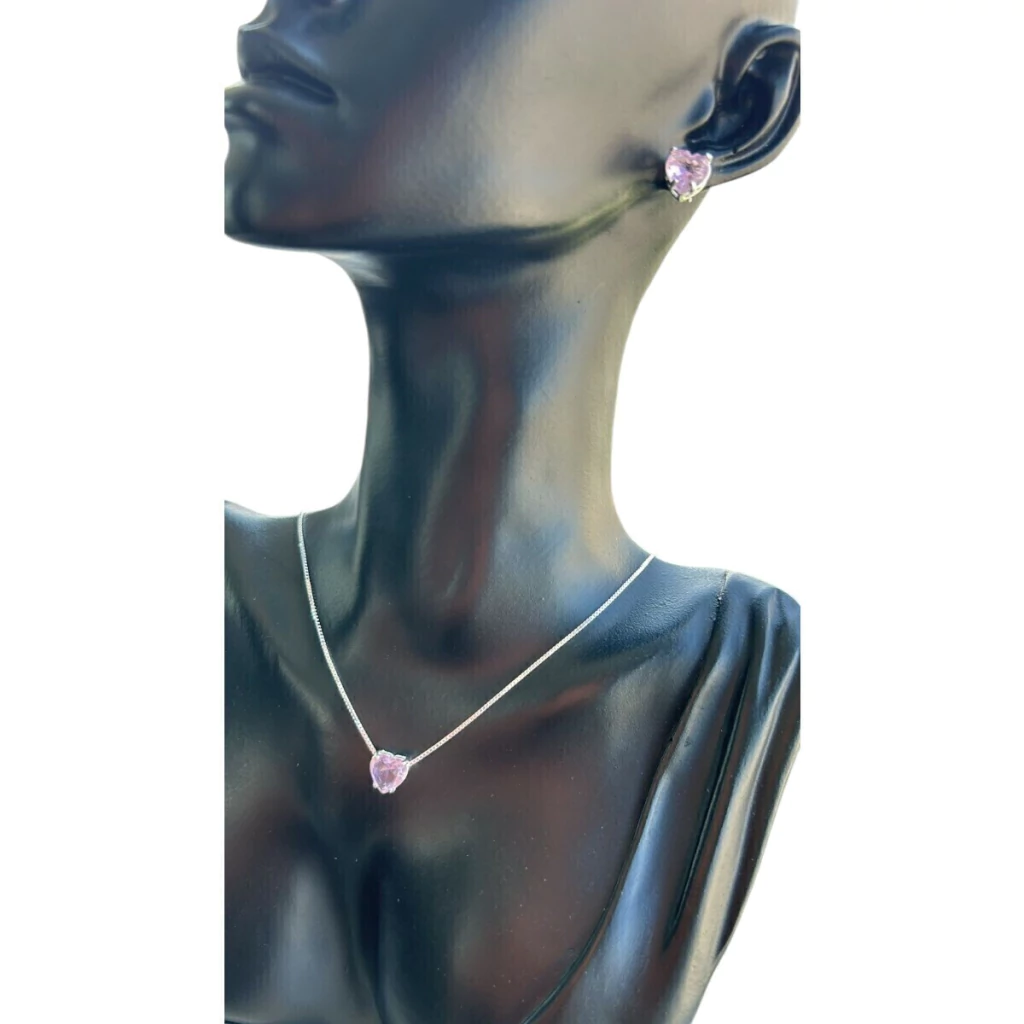 Colar E Brinco Feminino Coração Rosa Prata 925 Italiana-45cm