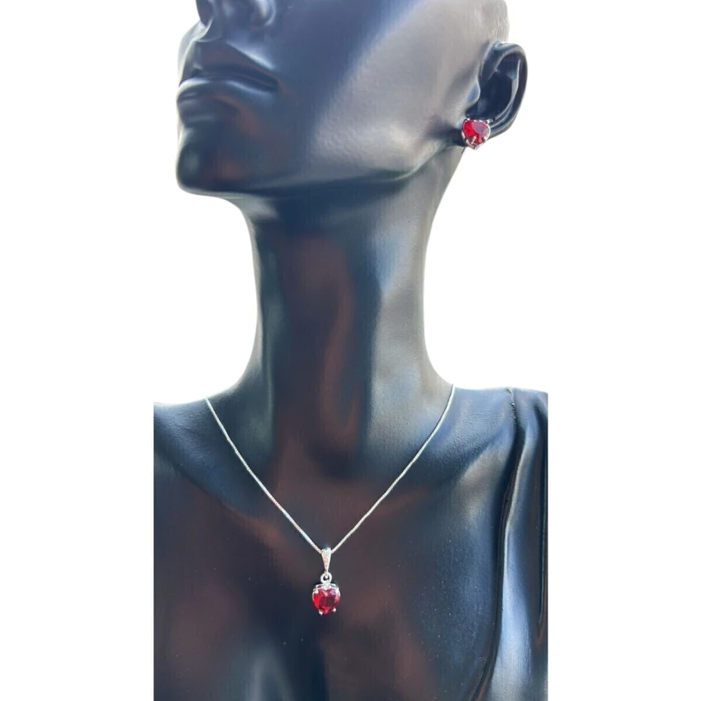 Conjunto de Colar e Brinco Coração Vermelho Prata 925-50cm