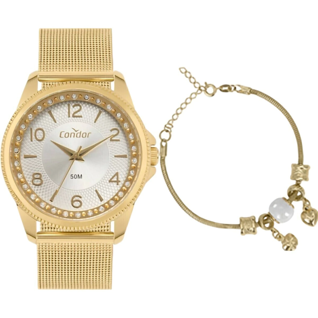 kit Relógio Elegante Condor Feminino Dourado -CO2035NNP/K4K