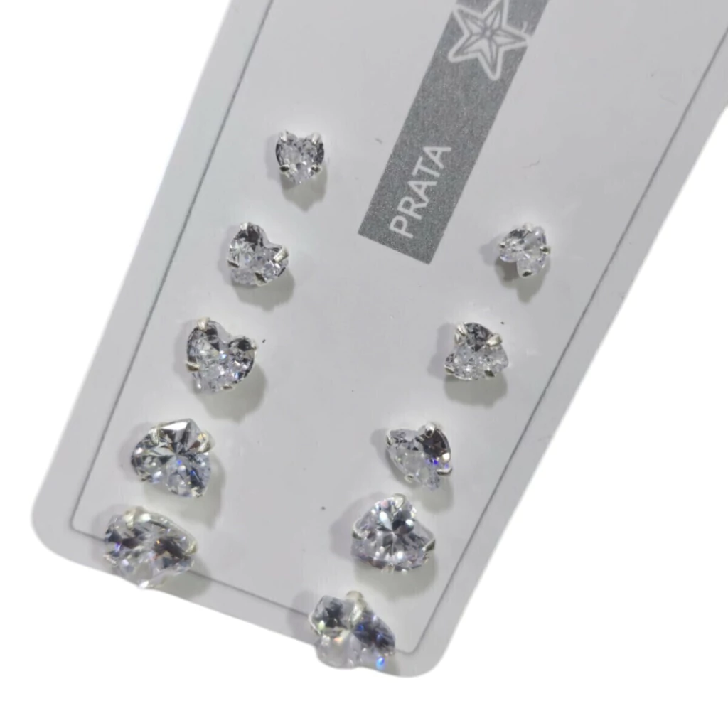 Kit Brincos Coração Zircônia 5 Furos Prata 925 Italiana