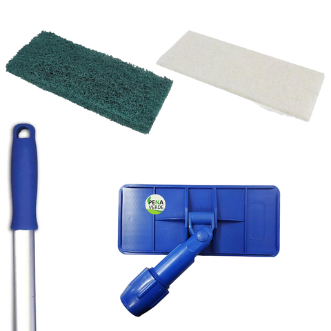 Kit LT Suporte Limpa Tudo Para Limpeza de Cantos + Cabo 1.4 Metros Ergonômico + Fibra Verde Multiuso Piso + Macia Branca