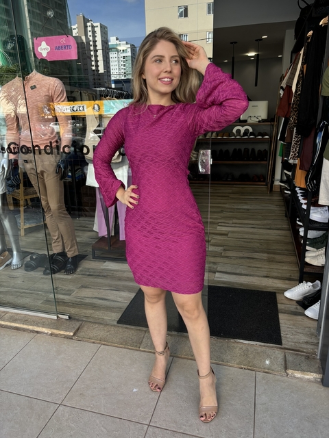 FEM Vestido Feminino Manga Longa - De Poliéster De Malha Rosa Begonia Feminino Dimy