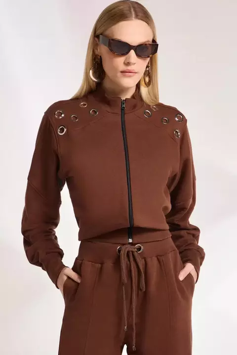 Feminino Jaqueta Bomber Em Moletom Pelicado Marrom LINZZI