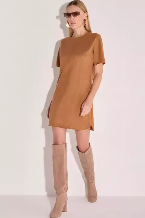 Vestido Feminino Mini Em Scuba Suede Bege Escuro Linzzi