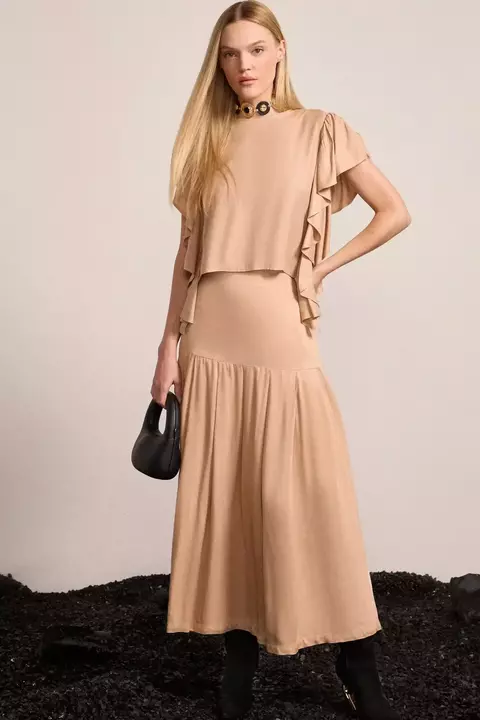 Feminino Saia Maxi Midi Com Pregas Em Viscose Bege LINZZI