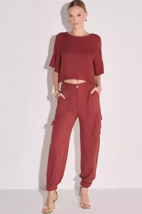 Feminino Calça Slouchy Cintura alta em Blend De Viscose Vermelho Escuro LINZZI
