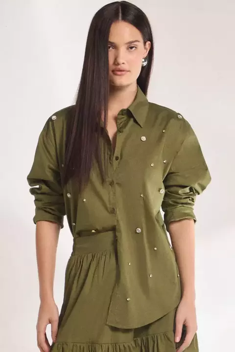 Camisa Feminina em Tricoline com Elastano e Aplicações de Pedrarias Esclusiva Linzzi