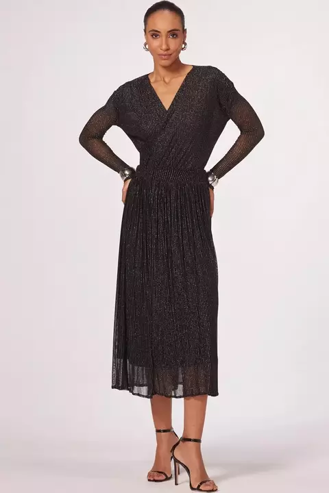 Saia Feminino Maxi Midi em Tule Listrado Com Lurex Preto Linzzi