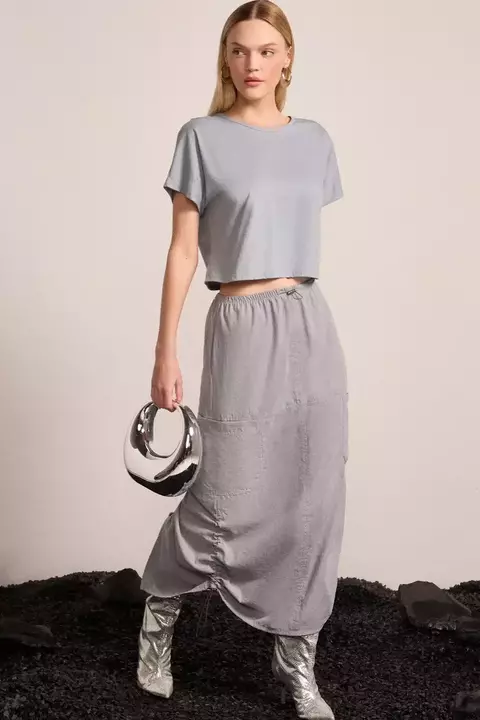 Feminino Saia Maxi Midi Parachute em Crupo Cinza LINZZI