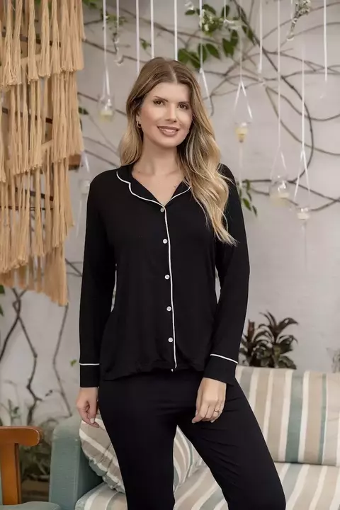 PIJAMA AMERICANO LONGO - PRETO COM BEGE