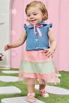 CONUNTO DE CAMISA EM JEANS LIZ COM ELASTANO E SAIA EM TULE WAVE