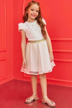 Conjunto de Blusa Cropped em Jacquard Marina e Saia em Tule Dots - comprar online