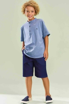 Conjunto de bata em cotton listrado fio tinto e bermuda em sarja ônix com elastano