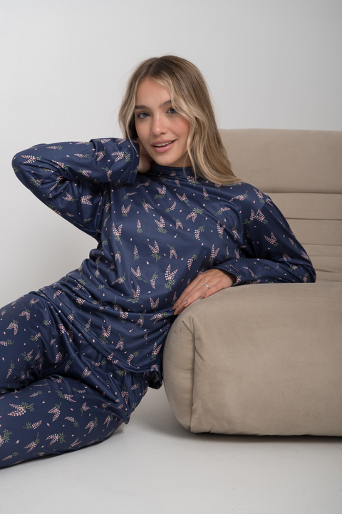 PIJAMA AZUL hojas rosas - comprar online