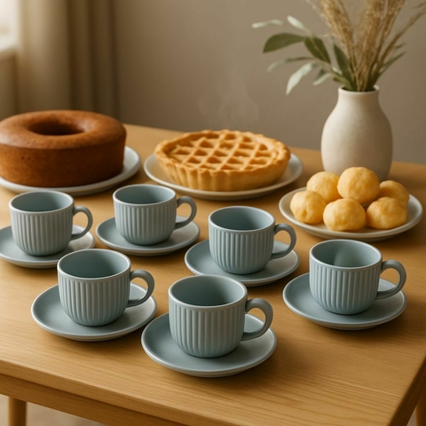 Jogo de Xicaras Café 12 Peças Cerâmica Wellig Cinza