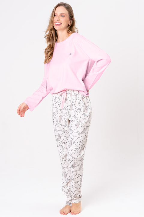 Pijama longo de malha feminino - Pet colors