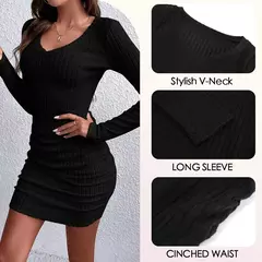 Mia Muse-vestidos de mujer de punto acanalado, ajustados, lisos, sexys, con cuello en V, Mini vestidos cortos informales de manga larga, Otoño e Invierno - comprar en línea