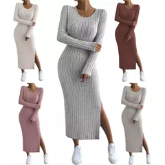 Mia Muse Vestidos de mujer Otoño Invierno tejidos a rayas con abertura en U cuello elástico básico ceñido al cuerpo largo Casual Maxi vestidos largos - Eleganzie