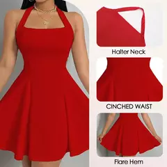 Mia Muse Vestidos de mujer para todas las estaciones Moda Halter Cuello cuadrado Plisado Una línea Mini Vestido de lechera sexy elegante