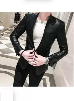 Blazer negro ajustado para Hombre, chaqueta de cuero PU con un botón, traje informal de negocios, abrigo coreano para baile de graduación - Eleganzie