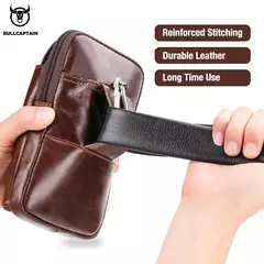 Imagen de BULLCAPTAIN-Bolso de cintura con cinturón de cuero para hombre, riñonera militar Molle, dinero pequeño, paquete de cintura para teléfono, bolsa para riñonera