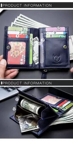 Imagen de Cartera BULLCAPTAIN RFID para hombre, monedero de cuero para hombre, cartera con cremallera, tarjetero, monedero, tarjetero