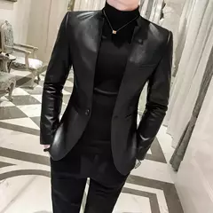 Blazer negro ajustado para Hombre, chaqueta de cuero PU con un botón, traje informal de negocios, abrigo coreano para baile de graduación