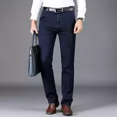 Pantalones vaqueros clásicos de negocios de cintura alta para hombre, pantalón vaquero elástico recto azul oscuro, gruesos, de marca, otoño e invierno - buy online
