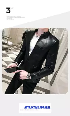 Blazer negro ajustado para Hombre, chaqueta de cuero PU con un botón, traje informal de negocios, abrigo coreano para baile de graduación - tienda en línea