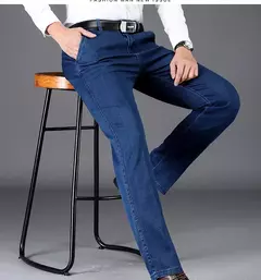 Pantalones vaqueros gruesos de cintura alta para hombre, pantalón recto elástico, informal, de negocios, de marca, estilo clásico, Otoño e Invierno - online store