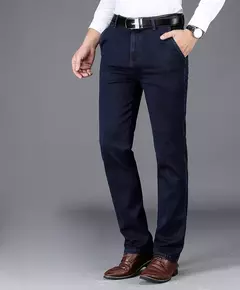 Pantalones vaqueros clásicos de negocios de cintura alta para hombre, pantalón vaquero elástico recto azul oscuro, gruesos, de marca, otoño e invierno - Eleganzie