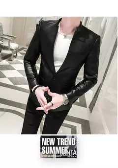 Imagen de Blazer negro ajustado para Hombre, chaqueta de cuero PU con un botón, traje informal de negocios, abrigo coreano para baile de graduación