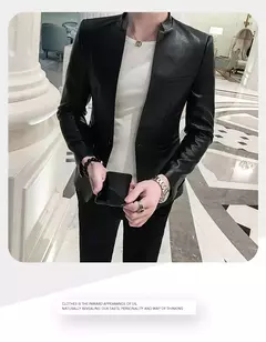 Blazer negro ajustado para Hombre, chaqueta de cuero PU con un botón, traje informal de negocios, abrigo coreano para baile de graduación - tienda en línea