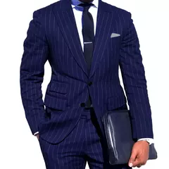 Traje de rayas de tiza para hombre, traje de rayas azul marino claro hecho a medida con bolsillo para billete, traje de una sola botonadura a medida, solapa de pico