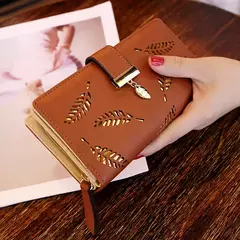 Cartera de moda para mujer, monedero de cuero PU para teléfono, bolsa de hojas huecas para mujer, bolso de mano para mujer, tarjeteros, carteras largas - tienda en línea