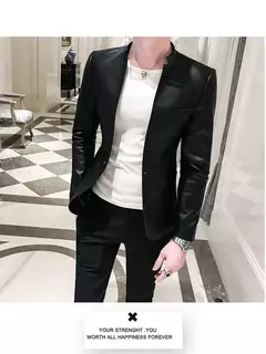 Blazer negro ajustado para Hombre, chaqueta de cuero PU con un botón, traje informal de negocios, abrigo coreano para baile de graduación - tienda en línea