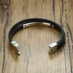 Imagen de Vnox, pulseras de cuero genuino con líneas de coser únicas para hombres y mujeres, brazalete en capas con barra de acero inoxidable, Pulseira informal