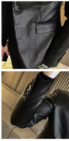 Blazer negro ajustado para Hombre, chaqueta de cuero PU con un botón, traje informal de negocios, abrigo coreano para baile de graduación en internet