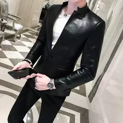 Blazer negro ajustado para Hombre, chaqueta de cuero PU con un botón, traje informal de negocios, abrigo coreano para baile de graduación - comprar en línea